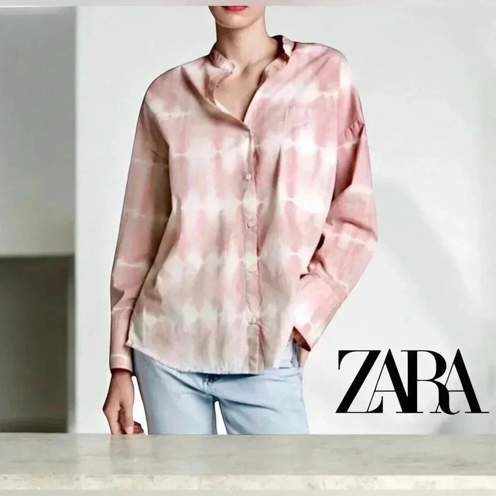 NEW, ZARA, Oversized Pink Tie Dye Button Down Long Sleeve Blouse, Small